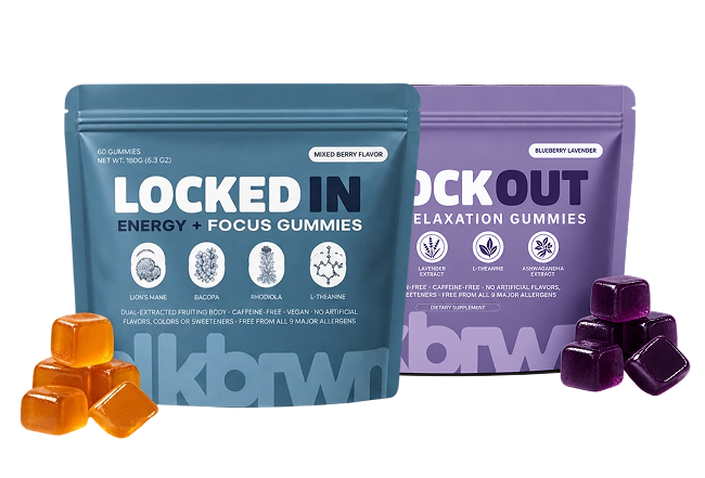Two pouches of gummies, one for energy and focus, the other for relaxation, with loose gummies in front.