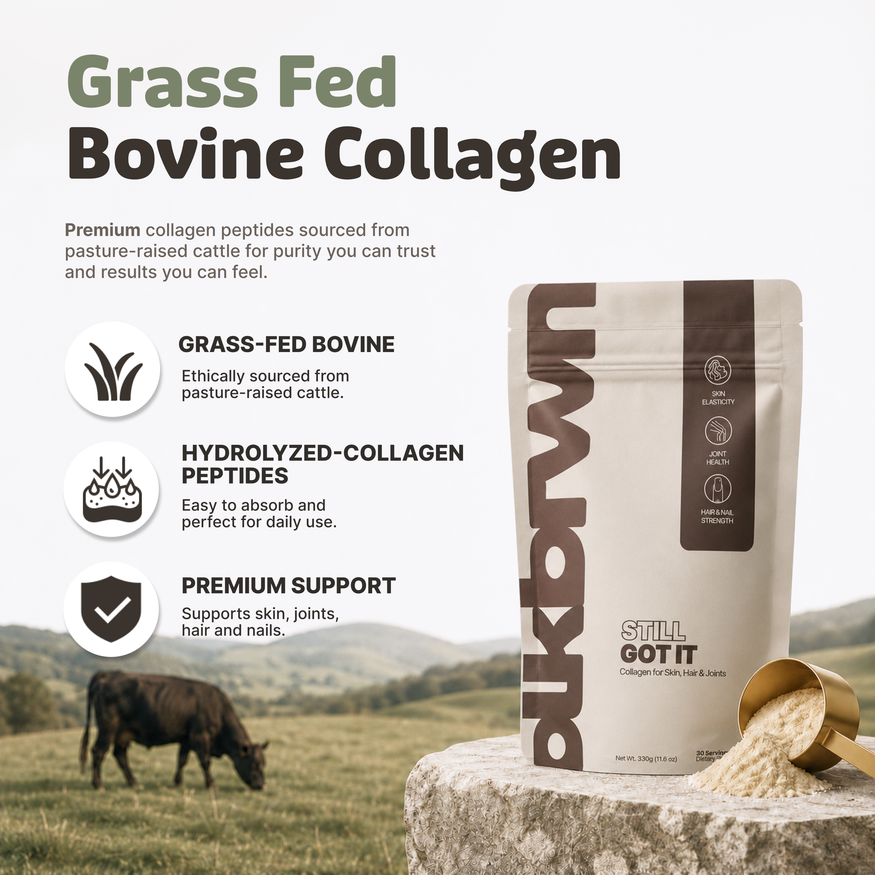 An advertisement for Grass Fed Bovine Collagen with product pouch, scoop, and a cow in a pasture.