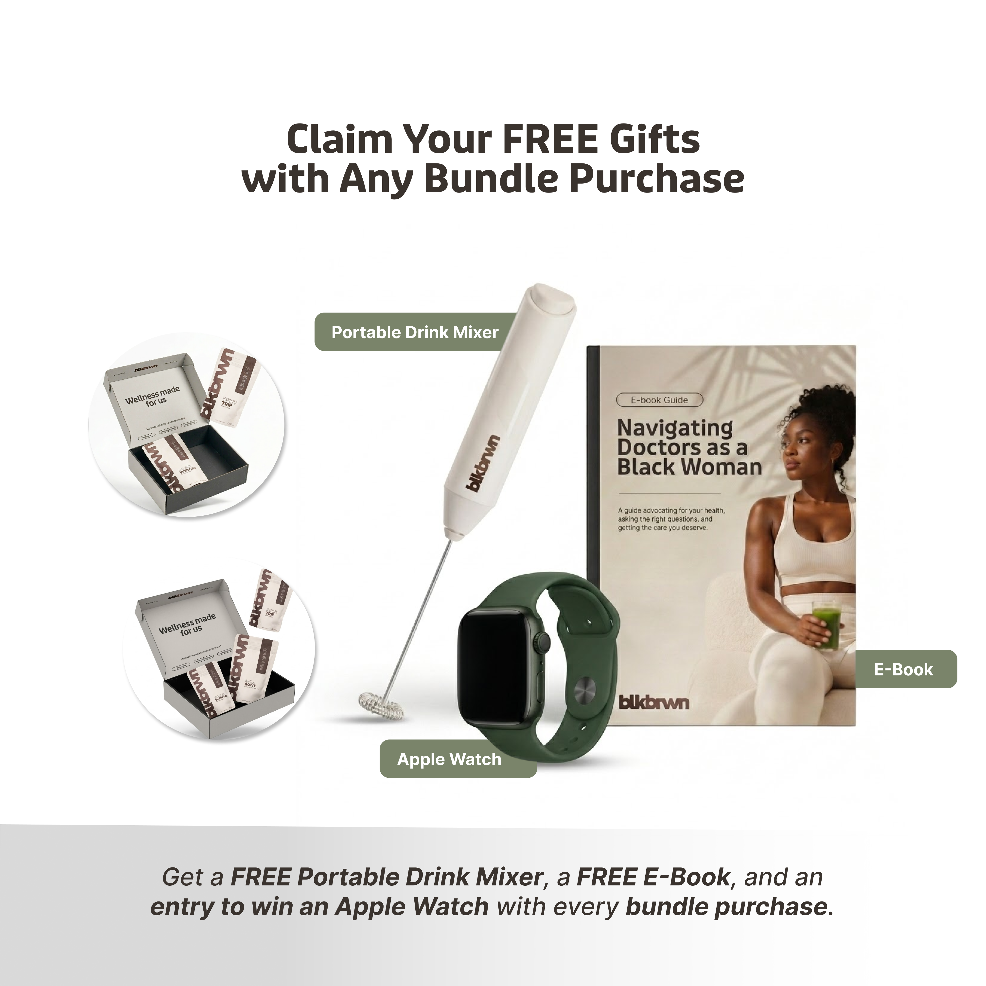 An ad showing free gifts with purchase: a drink mixer, an Apple Watch, and an e-book.