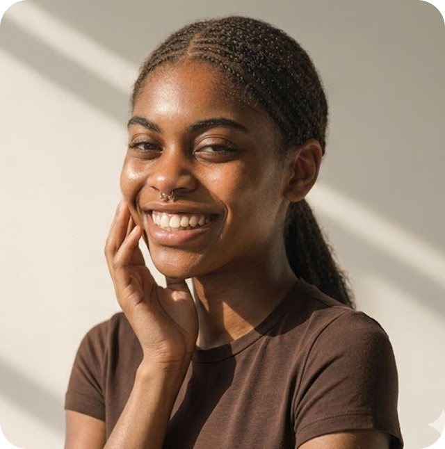 A woman with her curly hair tied up rests her face on her hand while smiling at the camera.