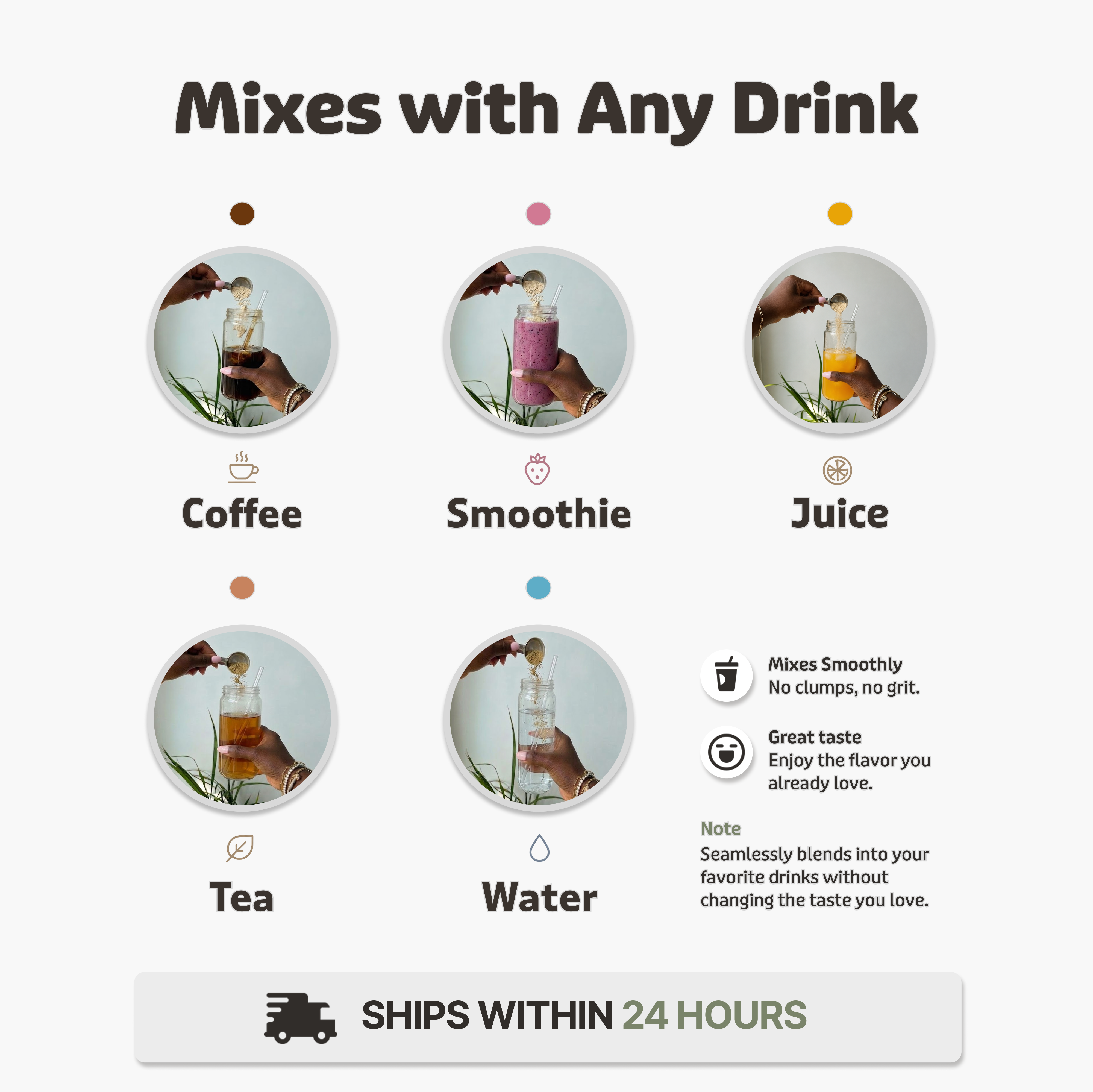 Infographic showing powder being mixed into coffee, a smoothie, juice, tea, and water, with text benefits.