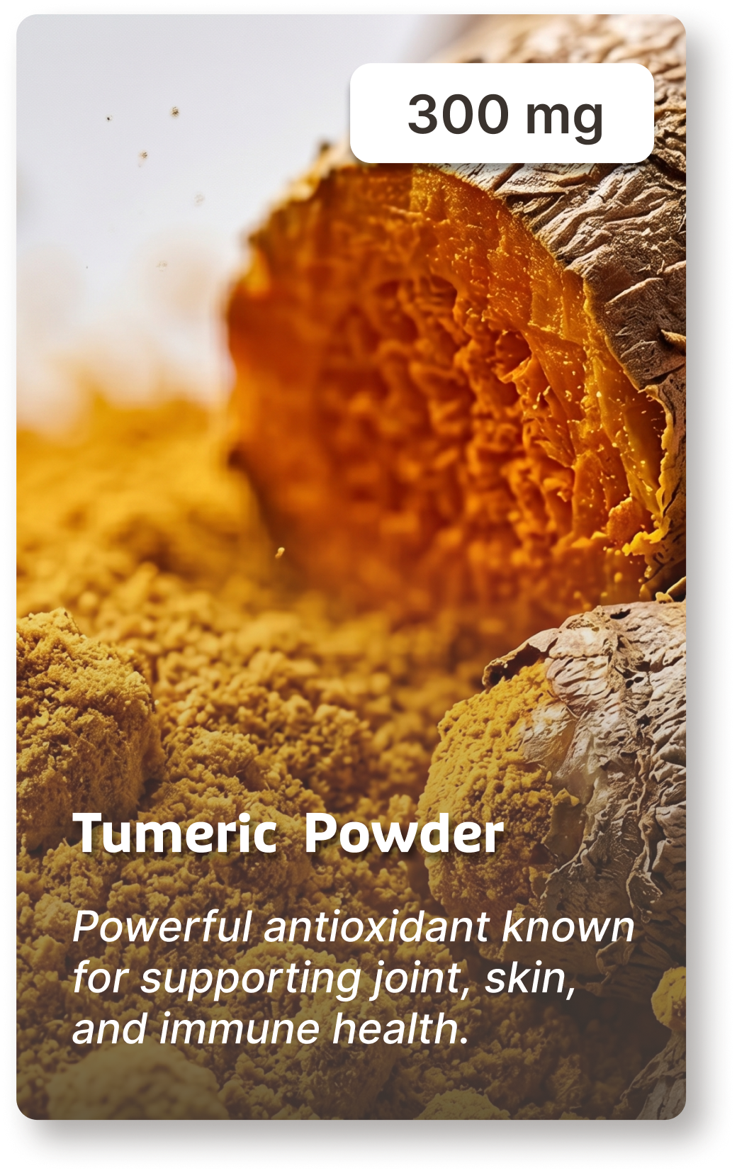 A close-up of a broken turmeric root sitting in a pile of turmeric powder with text overlay.