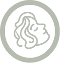 A gray icon showing a line drawing of a person's profile with wavy hair inside a circle.