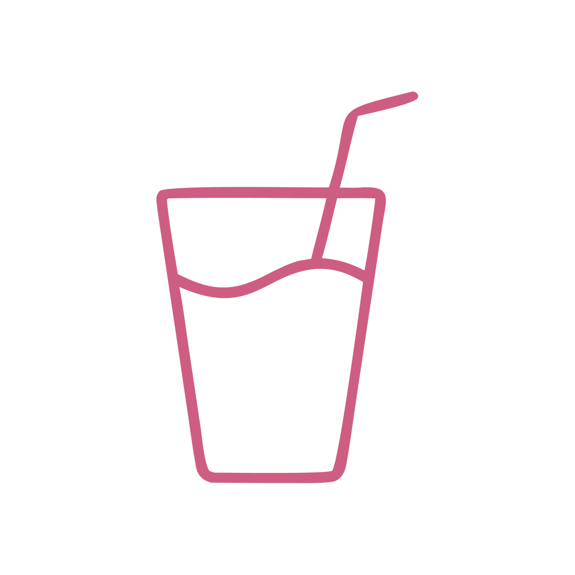 A pink line drawing icon of a glass half-filled with liquid and a straw.