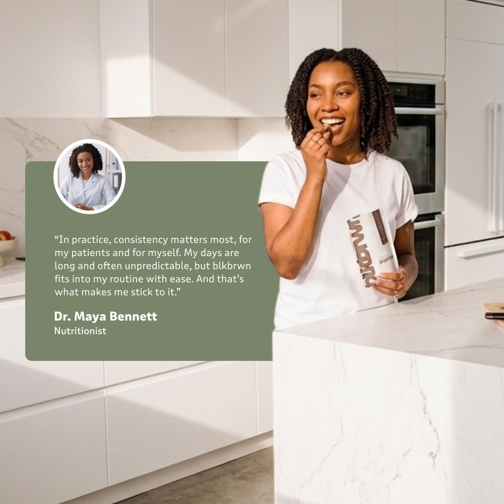 A smiling woman eats a snack in a kitchen next to a testimonial from Dr. Maya Bennett.