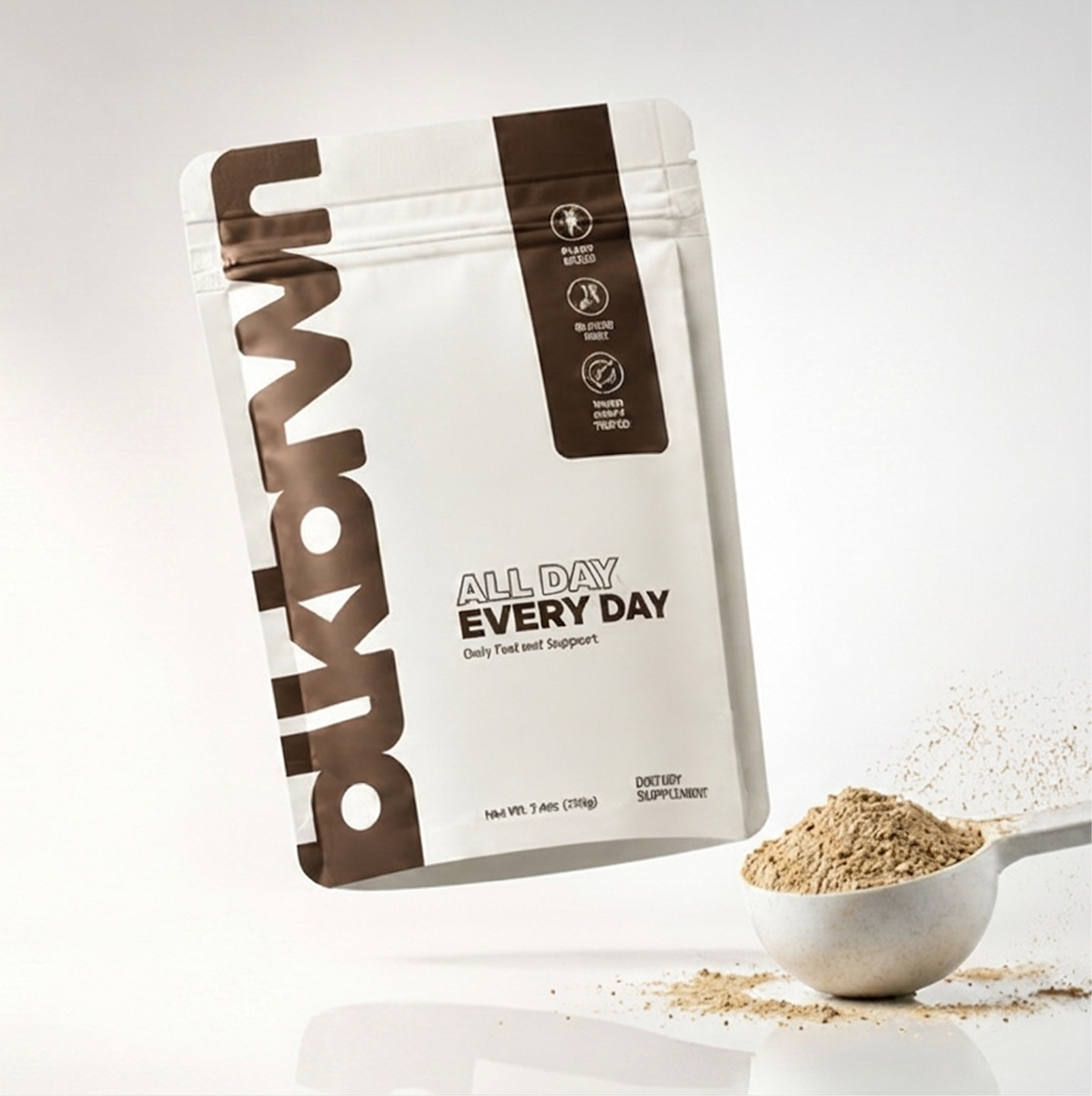 A pouch of Bucktown All Day Every Day dietary supplement next to a scoop of the powder.