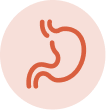 A reddish-brown line icon of a human stomach inside a pale pink circle.