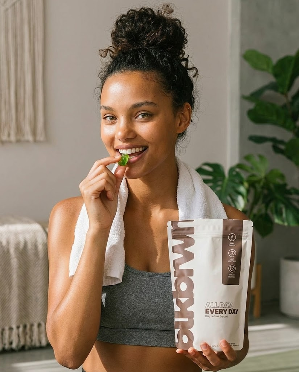 A smiling woman in workout clothes eats a green gummy while holding a pouch of supplements.