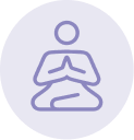 A purple line icon of a person sitting in a meditative pose on a light purple circular background.