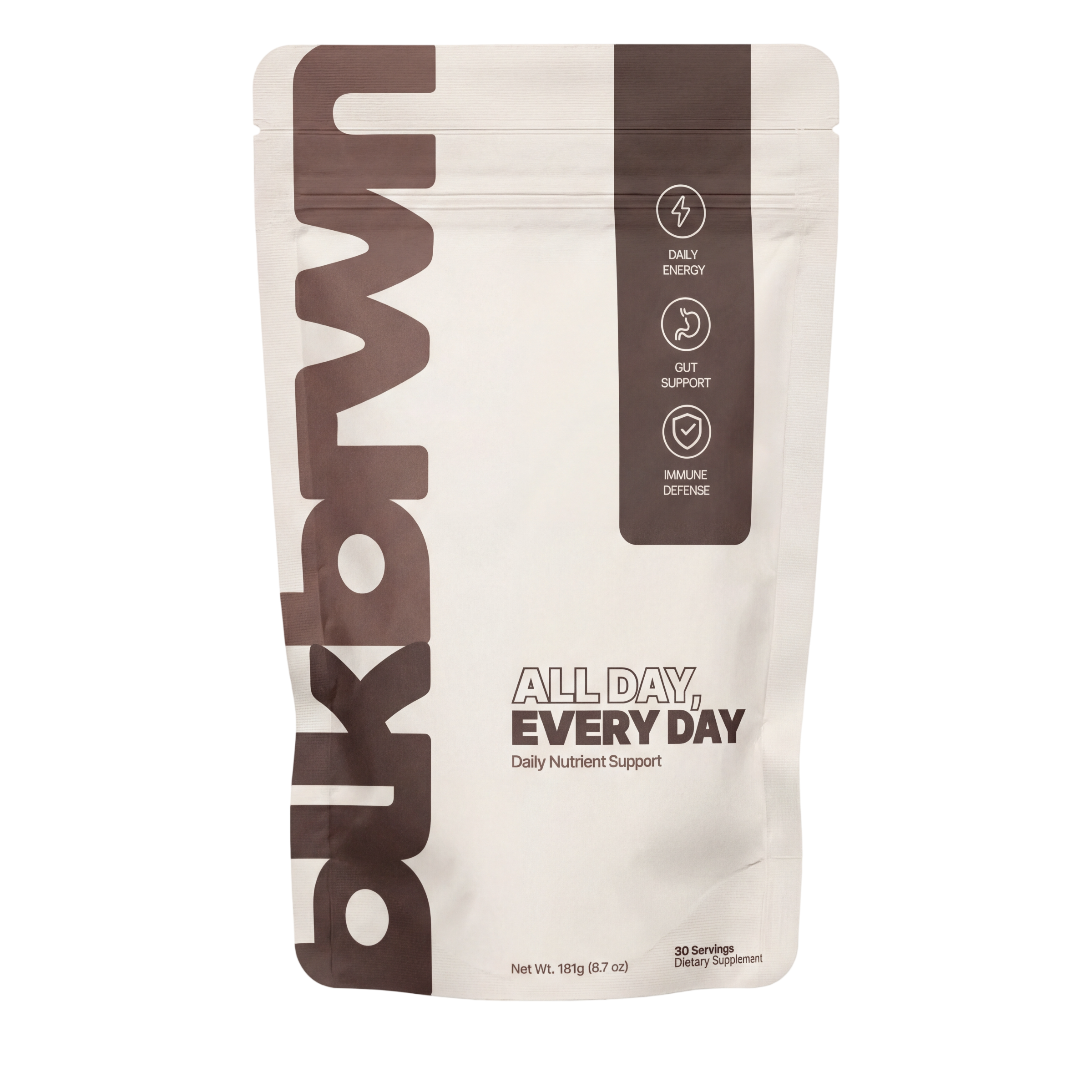 A white and brown pouch of Dukbrwn All Day, Every Day dietary supplement against a white background.