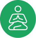 A white line art icon of a person meditating inside a solid green circle.