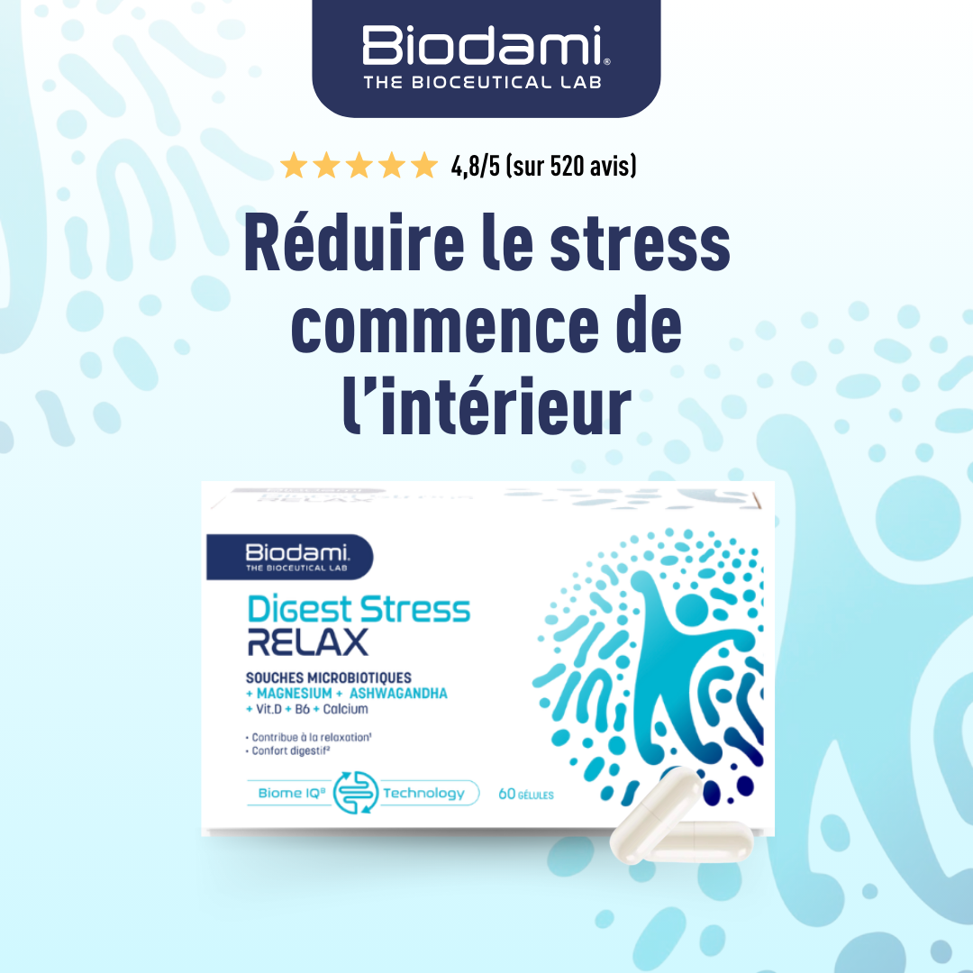 Advertisement for Biodami Digest Stress Relax supplement with packaging and text in French.