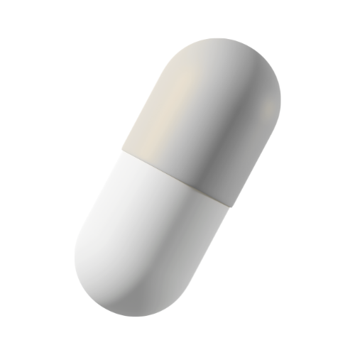 A white and gray capsule-shaped pill on a white background.