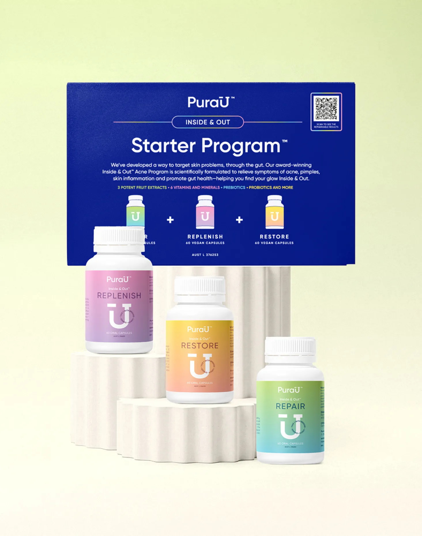 Three colorful supplement bottles labeled Replenish, Restore, and Repair are displayed on white pedestals. A blue box titled 'Starter Program' is behind them.