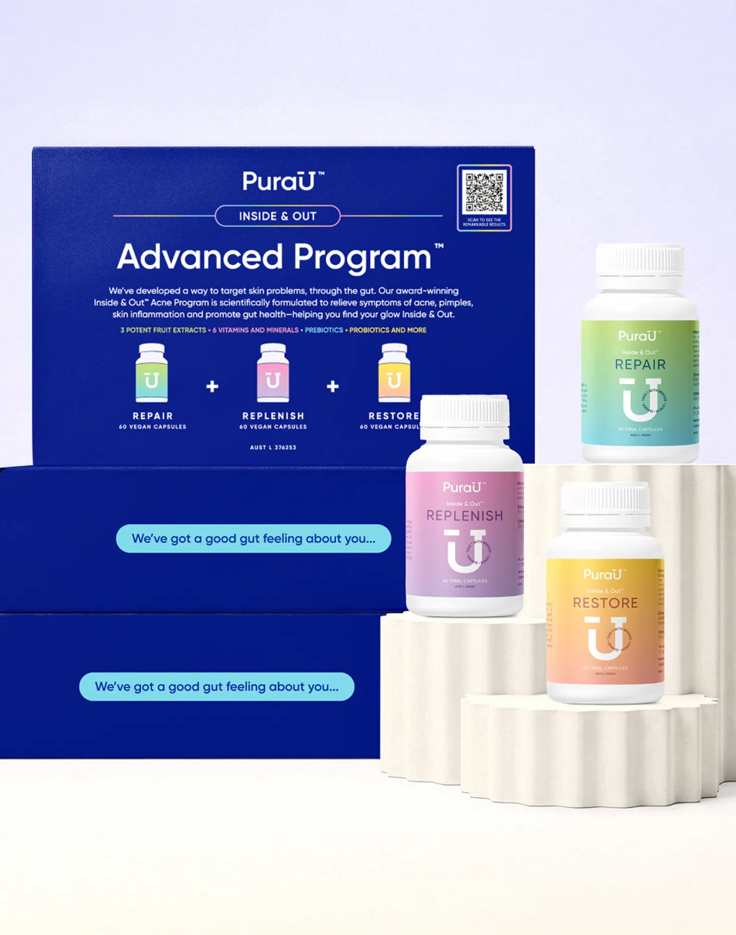 Boxes and bottles of PuraU’s Advanced Program are showcased with labels: Repair, Replenish, Restore. Clean, minimalist design with a skincare focus.