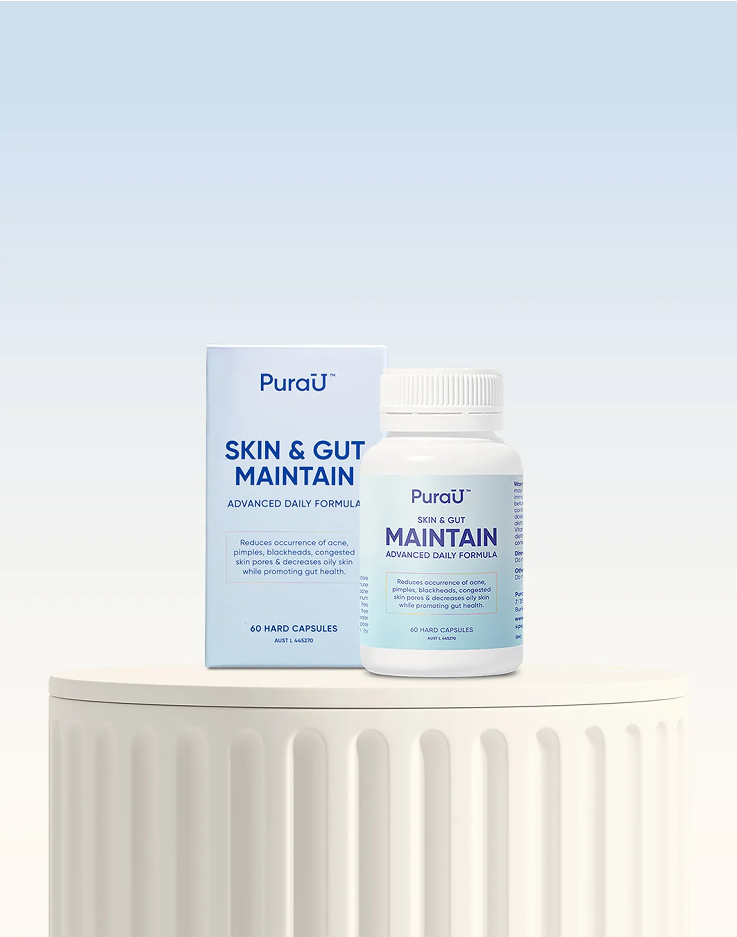 Bottle and box of PuraU Skin & Gut Maintain capsules on a cream pedestal. Text highlights benefits for acne and gut health. Light blue background.