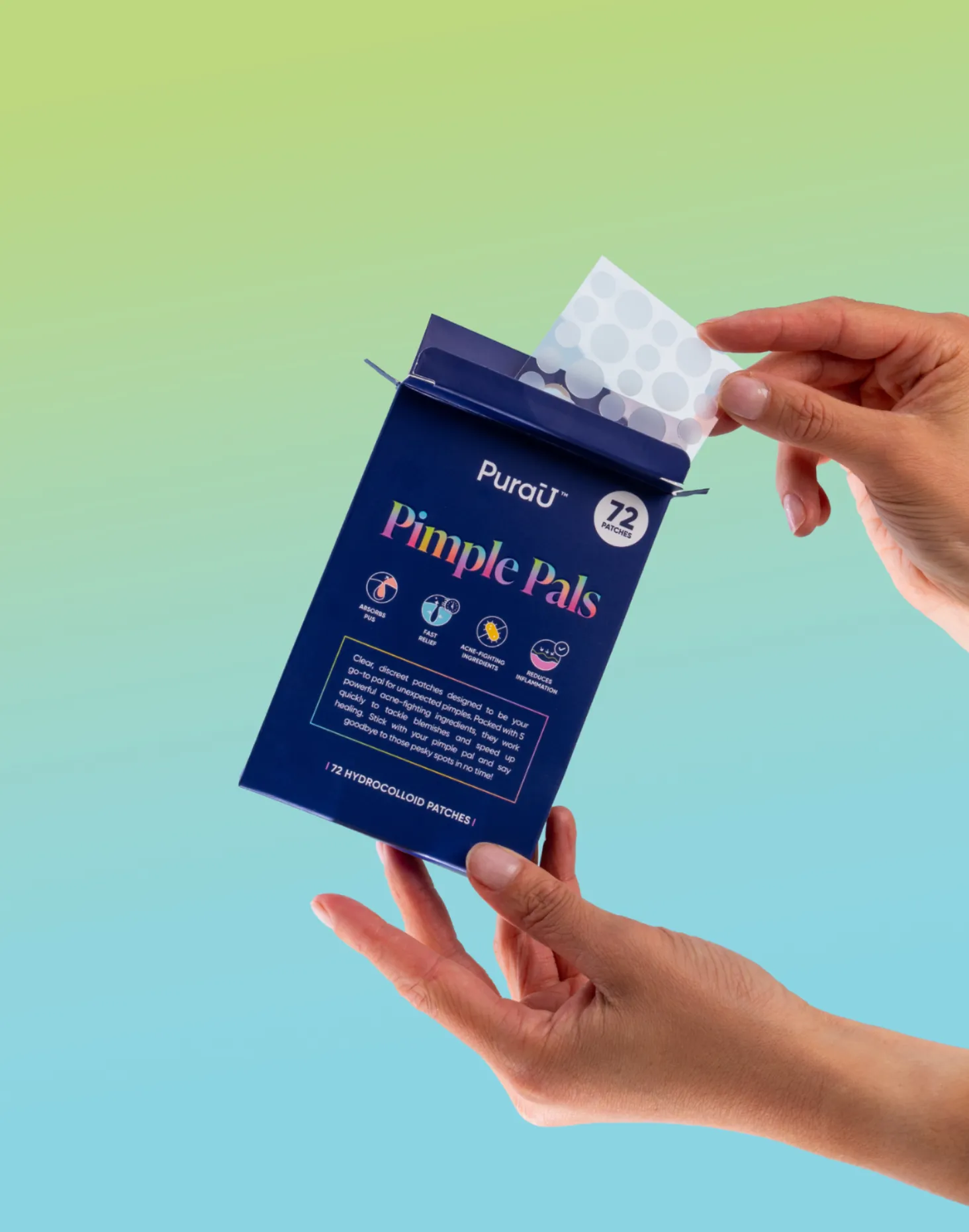 Two hands hold a blue box labeled 'Pimple Pals' with 72 hydrocolloid patches, against a green to blue gradient background. The mood is clean and fresh.