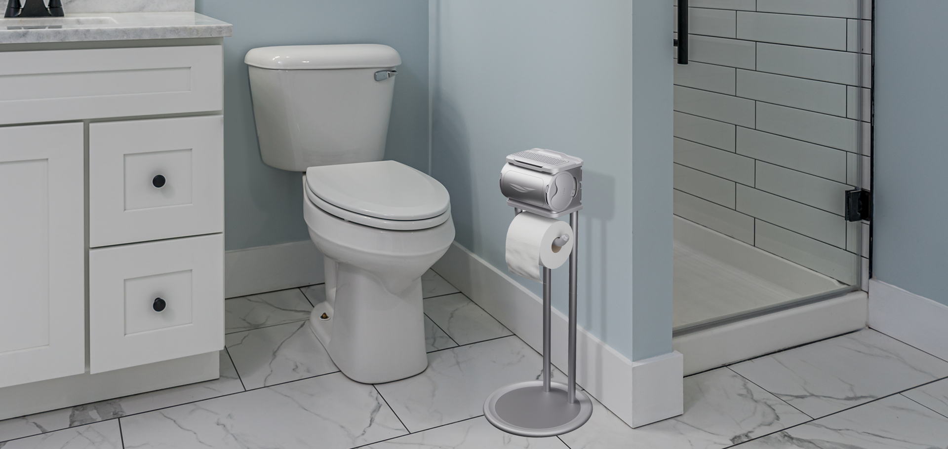 Modern bathroom with toilet, shower, and toilet paper holder.