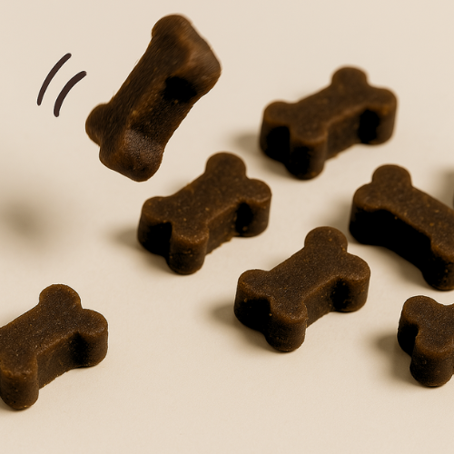 Brown bone-shaped dog treats on a beige background.
