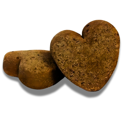 Two heart-shaped brown cookies on a white background.