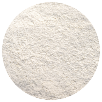 A circular mound of white powder on a white background.
