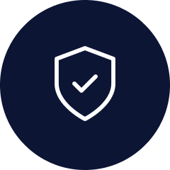 A white icon of a shield with a checkmark inside of a dark blue circle.