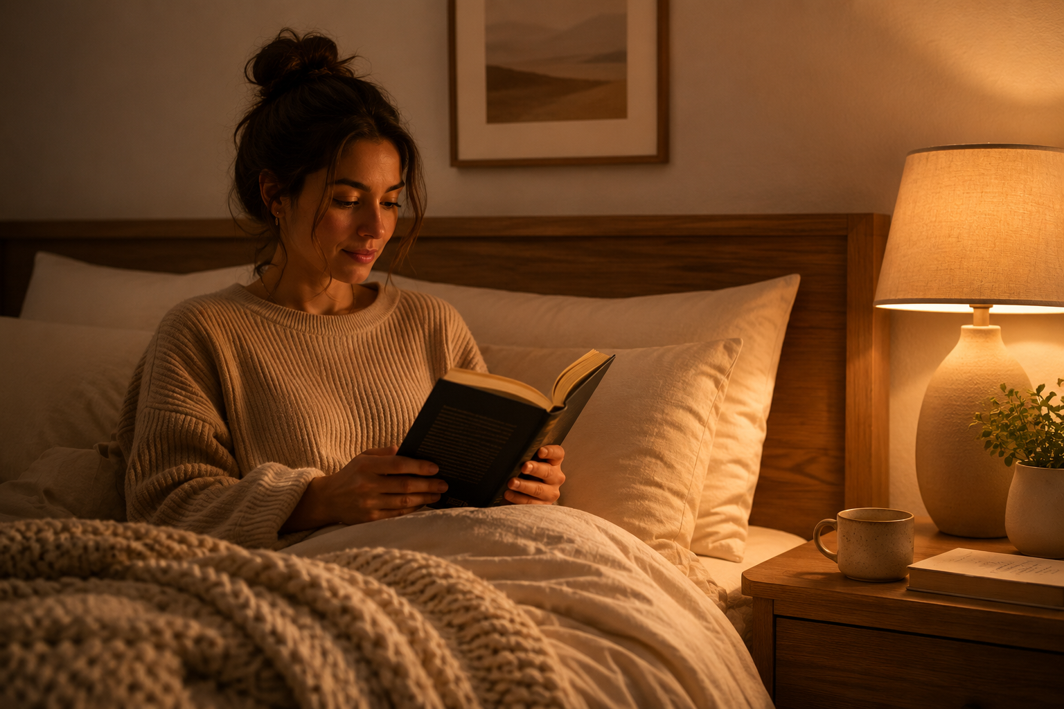 A woman with her hair in a bun sits up in bed, reading a book by lamplight.