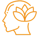 An orange line icon of a human profile with a lotus flower inside the head.