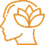 An orange line icon of a human head in profile with a lotus flower inside.