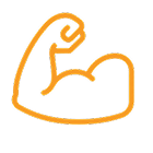 An orange line icon of a flexed bicep.