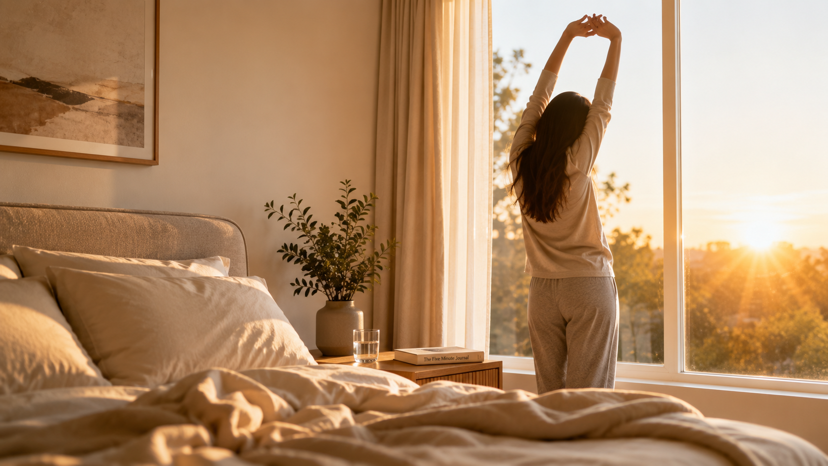 A person seen from behind stretches in front of a window in a bedroom at sunrise.