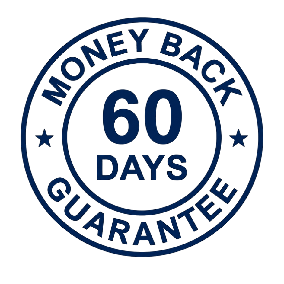 A blue circular seal that reads '60 Days Money Back Guarantee' with stars on either side.