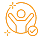 An orange line icon of a person with arms raised, inside a circle with a checkmark and sparkles.