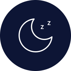 A white outline of a crescent moon with two Z's inside a dark blue circle.