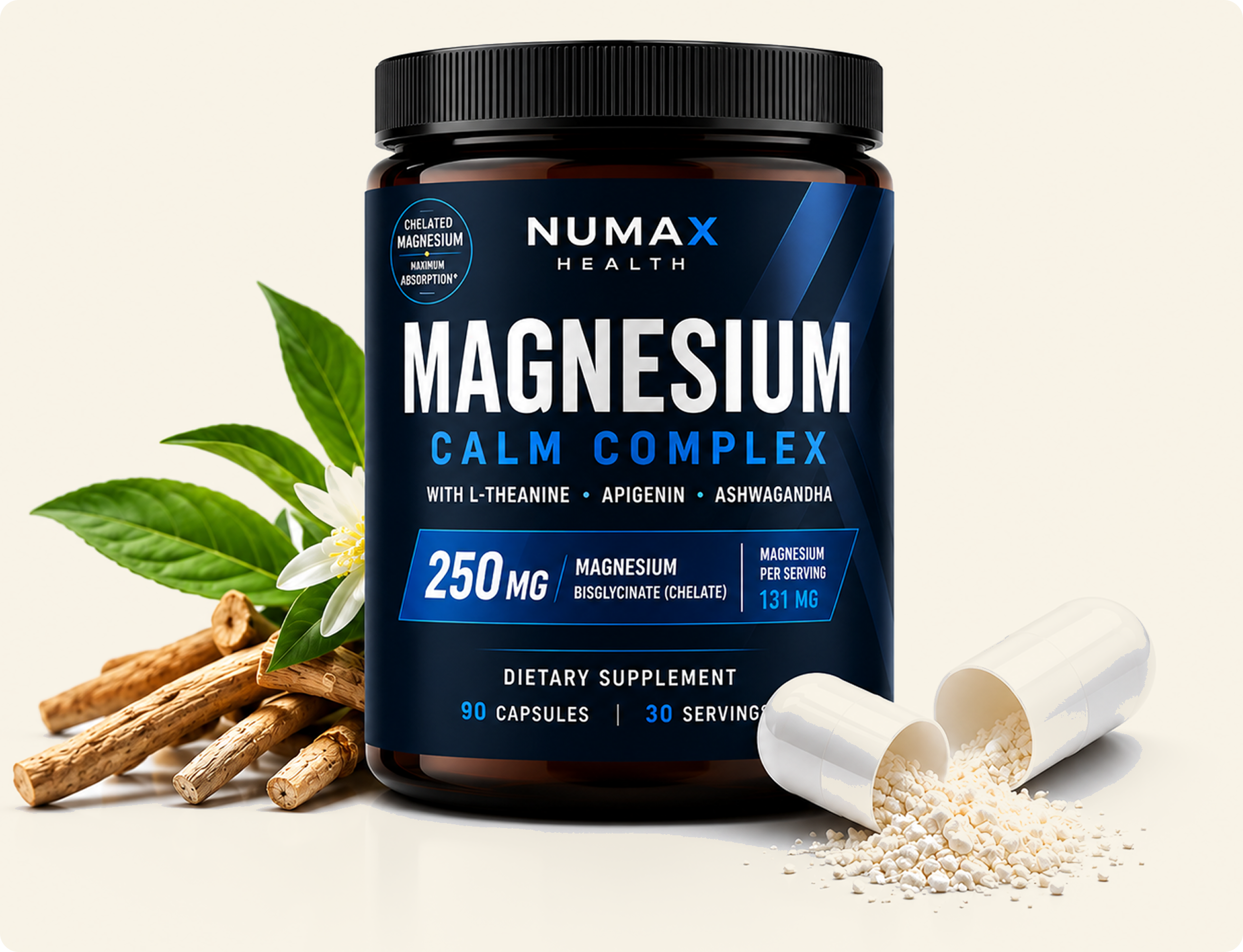 A bottle of Numax Health Magnesium Calm Complex next to an open capsule spilling its powder and some herbs.
