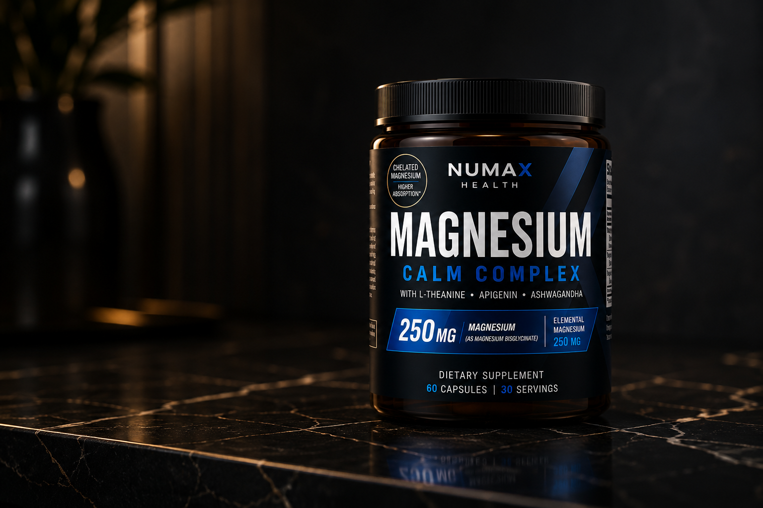 A bottle of Numax Health Magnesium Calm Complex supplement sitting on a dark marble countertop.