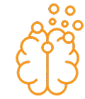 A stylized orange icon of a brain with circles emerging from the top right.
