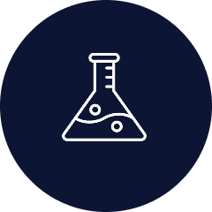 A white line icon of a chemical flask with bubbling liquid inside a dark blue circle.