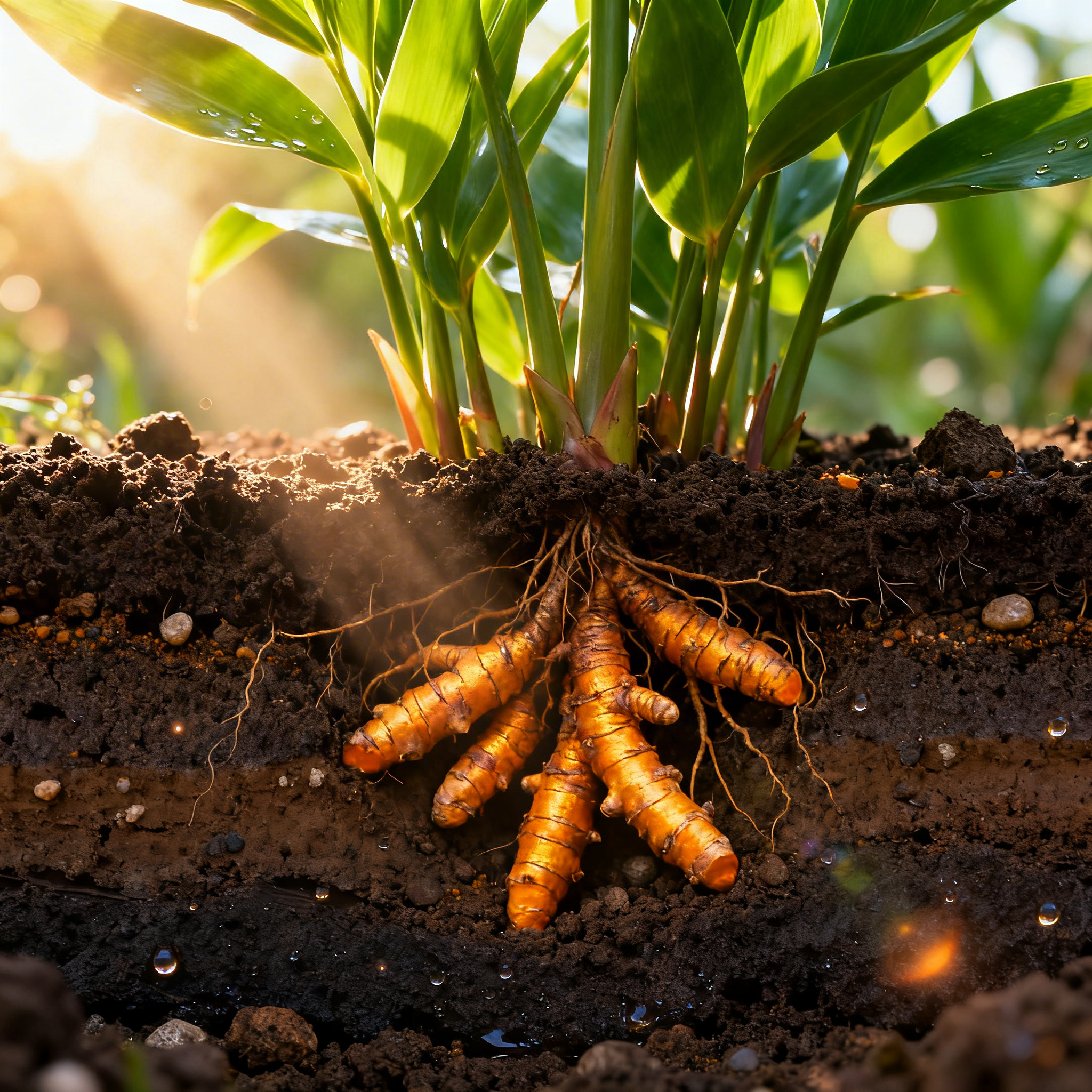 A cross-section of soil reveals the orange roots of a sunlit turmeric plant with green leaves.
