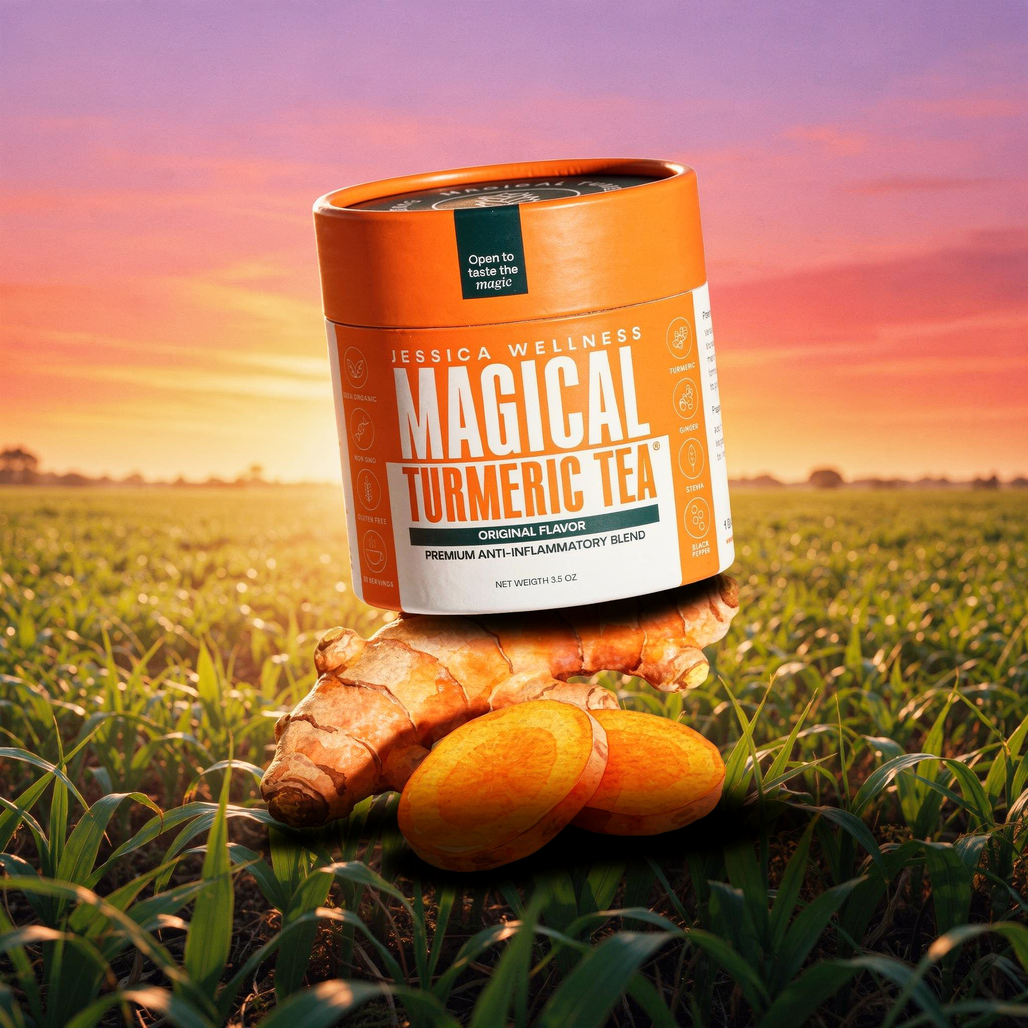 A container of Magical Turmeric Tea with fresh turmeric root in a field at sunset.