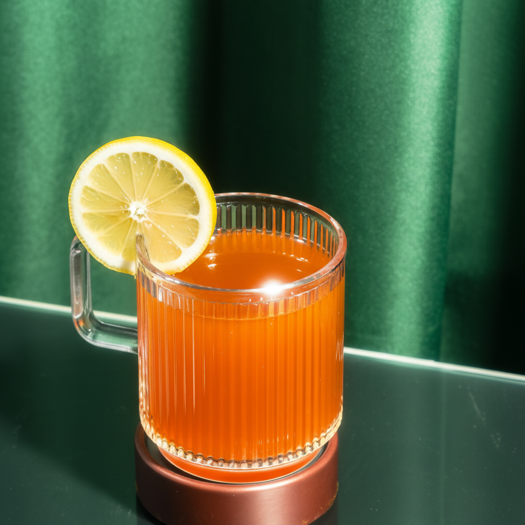 A ribbed glass mug filled with an orange beverage, garnished with a lemon slice, against a green backdrop.