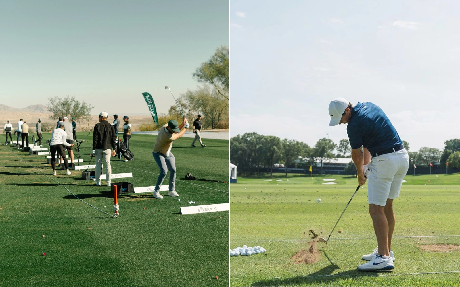 Two images of golfers swinging on a driving range, with flags and trees in the background.