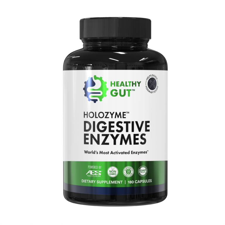 Bottle of Healthy Gut Holozyme Digestive Enzymes supplement.