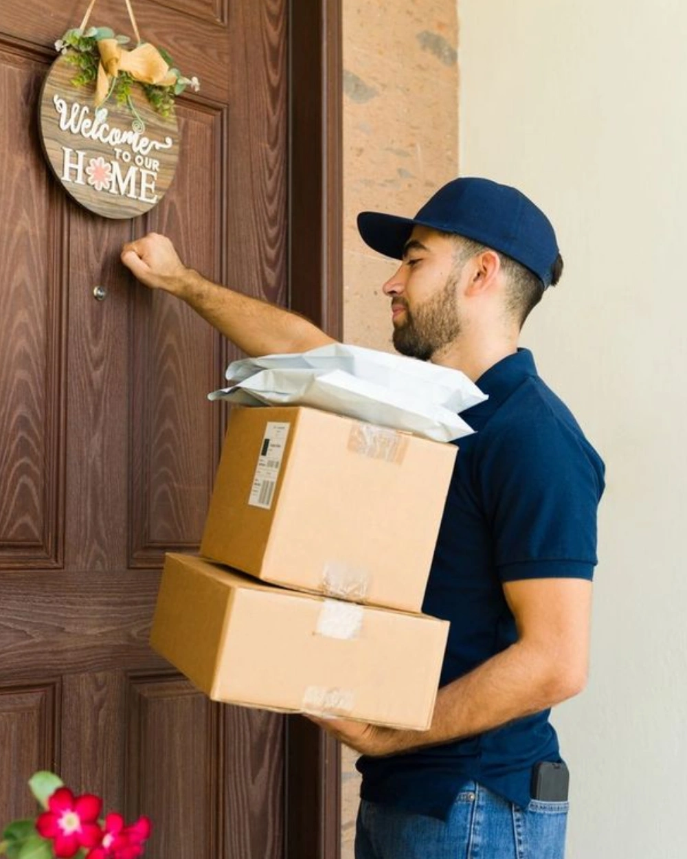 Delivery person knocking on the door holding packages.