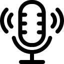 Icon of a vintage microphone with sound waves on both sides.