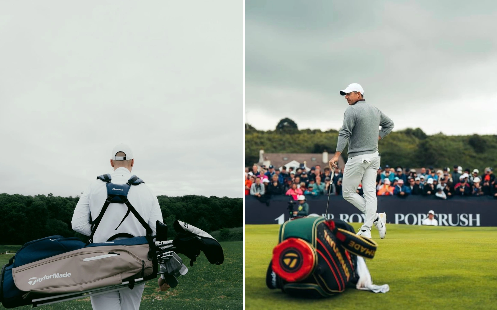 Two golfers, one carrying clubs, another by a bag, with spectators in the background.