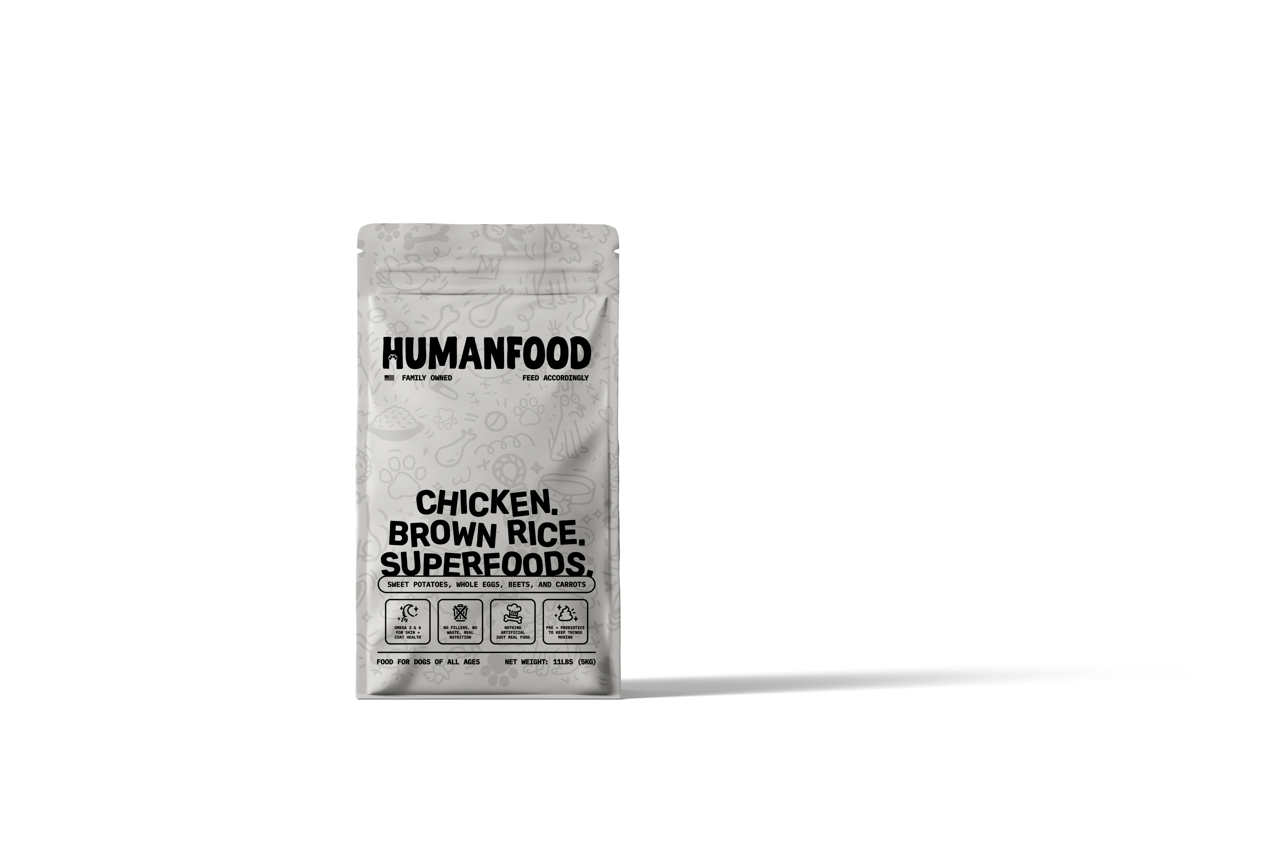 White food package labeled 'Humanfood' with chicken, brown rice, superfoods.