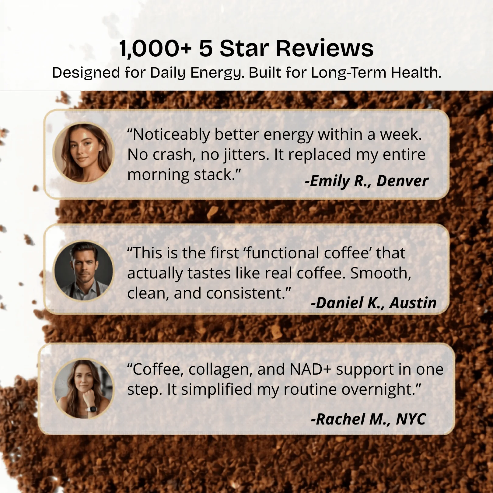 Three customer testimonials with photos and quotes, displayed over a background of coffee grounds.