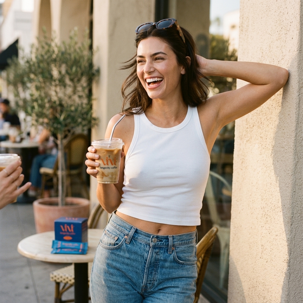 A smiling woman in a white tank top and jeans holds an iced coffee while leaning against a wall.