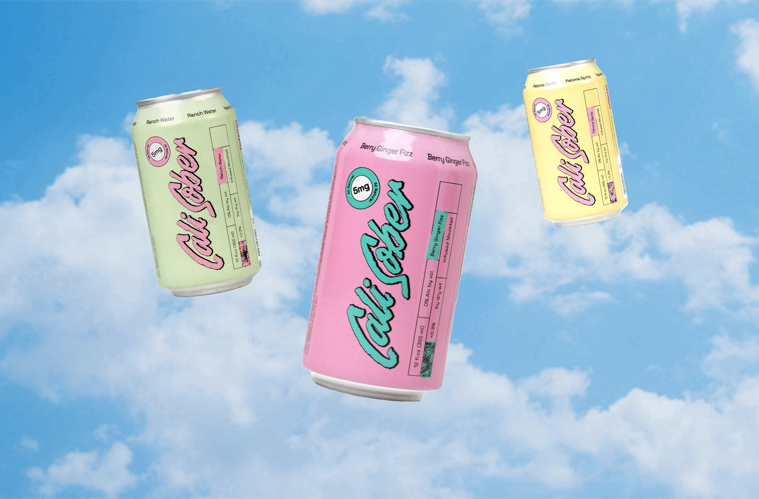 Three colorful beverage cans floating against a blue sky with clouds.